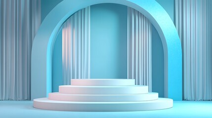 Poster - White round podium displaying products on blue pastel stage with curtains