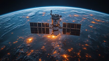 Aufkleber - In low Earth orbit, a spacecraft equipped with solar panels monitors global signals, providing vital telemetry for navigation and tracking systems while illuminating Earth's surface.