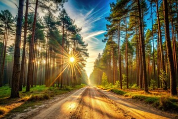 Wall Mural - Sandy road documentary: sun-dappled pines cast long shadows, capturing a tranquil scene.