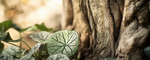 a close up image of tree bark and leaves in nature