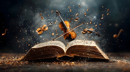 Poster - A captivating and mesmerizing photograph of a surreal dreamscape where a open book reveals a symphony of floating musical instruments each playing its own enchanting melody in perfect harmony