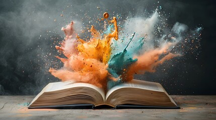 Poster - A captivating photograph showcasing an open book where vivid paint splashes and dynamic brushstrokes come together to form a stunning one of a kind masterpiece in midair