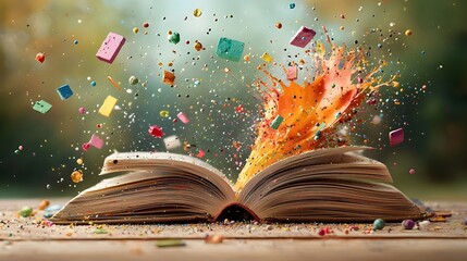 Poster - Vibrant paint splashes and brushstrokes burst forth from the pages of an open book creating a striking and imaginative masterpiece suspended in midair