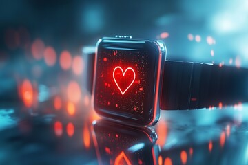 Poster - Futuristic Smartwatch Red Heartbeat Neon Glow Digital Technology Modern Gadget Screen Interface Design Elegant Wristwatch Red Light Abstract          