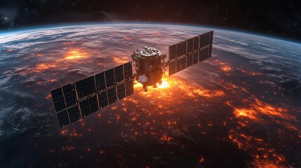 Poster - A solar-paneled spacecraft relays telemetry data while tracking GPS signals above a bright, fiery surface in space, highlighting cutting-edge technology.