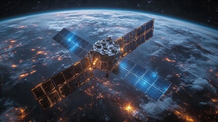 Poster - A satellite orbits Earth, equipped with solar panels to generate power. It transmits GPS signals and telemetry data vital for global positioning and tracking activities.