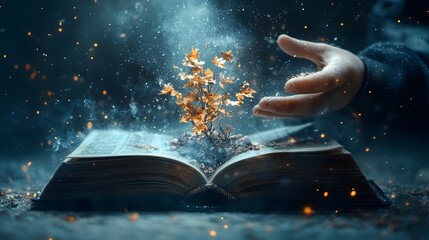 Poster - Breathtaking surreal landscape emerging from the pages of an open book blending elements of renowned art movements into a captivating otherworldly scene