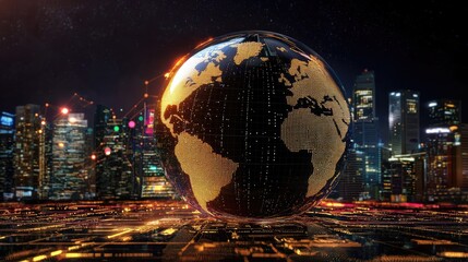 Poster - a digital landscape of a global financial network with glowing market analytics.