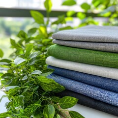 Poster - Environmentally friendly textiles displayed amidst lush greenery close-up shot natural light setting