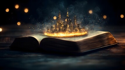 Poster - enchanting vision of a floating gravity defying futuristic city emerging from the pages of an open b
