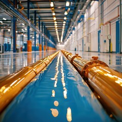 Poster - Industrial pipeline condensate management factory environment fluorescent lighting side angle view realistic imaging