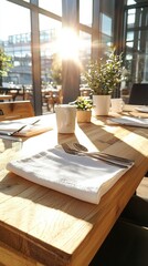 Poster - Elegant linen napkins set on rustic table sunlit close-up photography cozy ambient atmosphere capturing fabric resilience and natural beauty in a serene dining environment