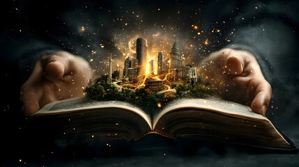 Poster - A visually striking image depicting an open book from which a swirling vortex of classical and futuristic buildings emerges