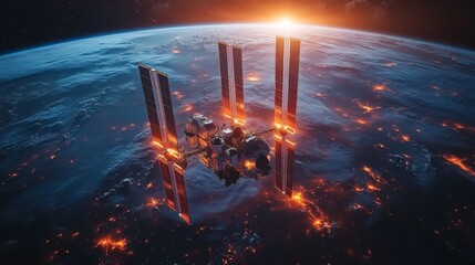 Poster - A spacecraft orbits Earth, showcasing its advanced technology including telemetry transmission systems and AI capabilities while illuminated against the backdrop of a stunning sunset.