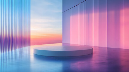 Wall Mural - Round Podium on a Reflective Floor with Sunset View for Product Display