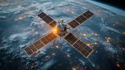 Poster - A satellite orbits Earth while transmitting crucial telemetry data. The spacecraft utilizes solar panels to power its systems, supporting GPS and GNSS for accurate positioning and tracking.