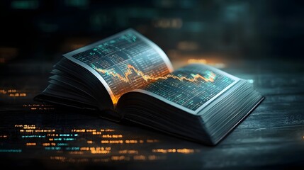 Poster - Glowing 3D market graph with fluctuating red and green lines revealed in the pages of an open book symbolizing financial analysis investment strategy and data driven decision making
