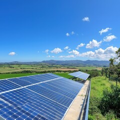Poster - innovative renewable energy farming with solar panels scenic farm location aerial view clear blue sk