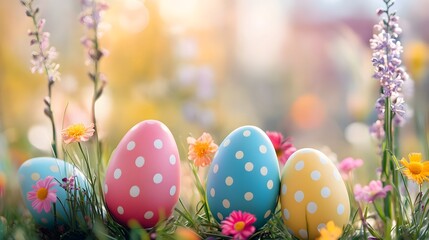 Wall Mural - Colorful easter eggs hiding in spring flowers during a sunny day