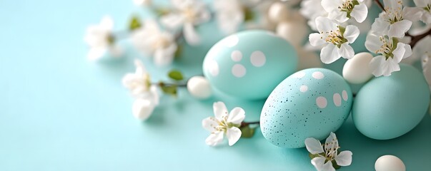 Poster - Light blue easter eggs and white spring flowers creating festive atmosphere