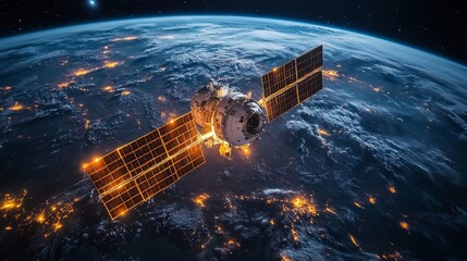 Poster - A spacecraft orbits Earth, equipped with solar panels and communication instruments.