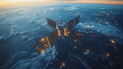 Poster - A satellite orbits Earth, transmitting vital telemetry signals for GPS and GNSS applications. It serves as a key component for global positioning and tracking technologies.