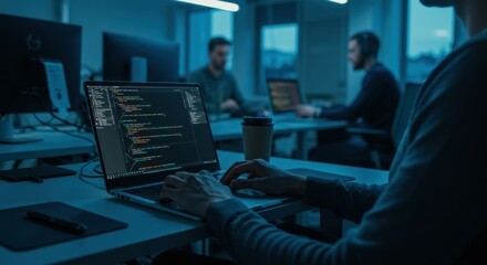 a software developer sitting at a modern workstation in a sleek tech office, intensely focused on co