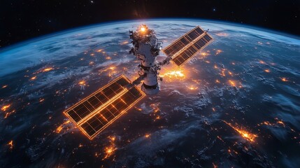 Poster - A satellite orbits Earth, transmitting telemetry and GPS signals. It relies on solar panels for power, illuminating nearby regions during night. The vast planet glows beneath.