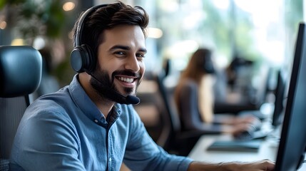 Poster - Smiling male call center agent working in busy office