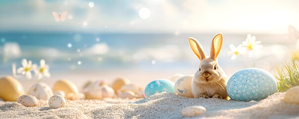 Wall Mural - Easter bunny relaxing on beach with decorated eggs