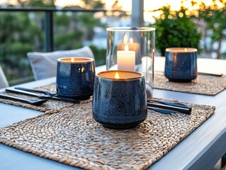 Poster - Elegant simple dining table setting with traditional ceramic serving ware and warm candlelight closeup cozy ambiance