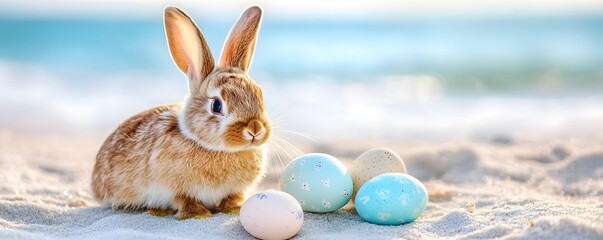 Wall Mural - Easter bunny sitting on beach with colorful eggs enjoying summer vacation