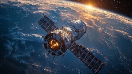 Aufkleber - A spacecraft orbits Earth in a low Earth orbit while transmitting telemetry and broadband signals to various ground stations. The sun sets in the background.