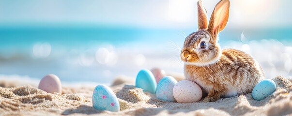 Wall Mural - Easter bunny relaxing on beach with colorful eggs