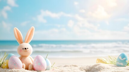 Wall Mural - Easter bunny toy sitting on sandy beach with colorful eggs and ocean view