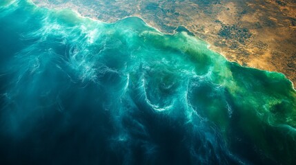 Aufkleber - A satellite captures detailed imagery of oceanic activities along coastlines, showcasing vibrant colors and patterns indicative of various phenomena.