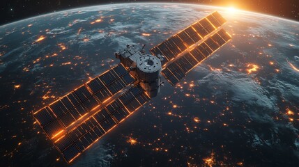 Poster - A satellite orbits the Earth at low altitude, engaged in data transmission activities as the sun rises, casting warm light over urban areas and natural landscapes below.
