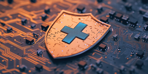 Poster - shield with blue cross symbol on circuit board background, representing digital medical