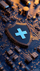 Poster - shield with blue cross symbol on circuit board, representing  online medical