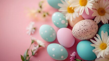 Poster - Pastel colored easter eggs and spring flowers creating festive atmosphere