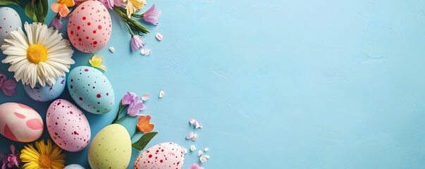 Poster - Colorful easter eggs and spring flowers creating festive border on light blue background