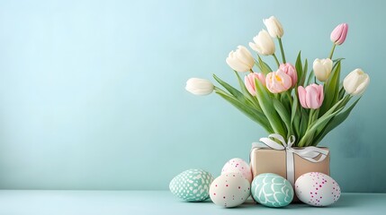 Poster - Easter eggs and pink and white tulips in gift box on pastel blue background
