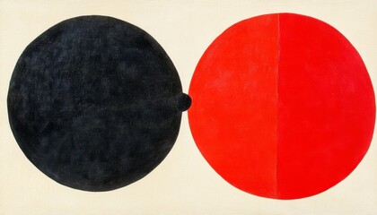Poster - Abstract artwork featuring two contrasting circles one black and one half red and half white, on a beige background.