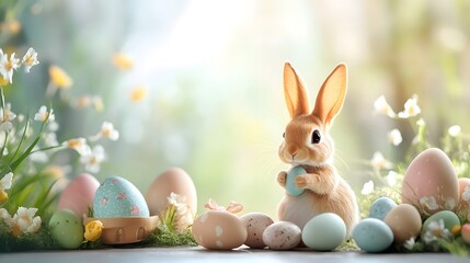 Wall Mural - Easter bunny holding egg surrounded by colorful eggs and spring flowers