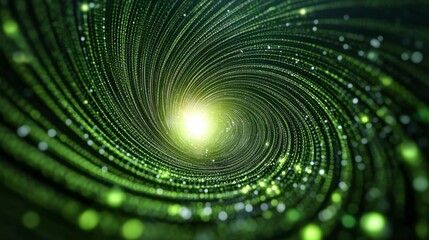 Poster - Abstract swirling vortex of green and white particles, glowing light at center, dark background. Digital art, cosmic theme.