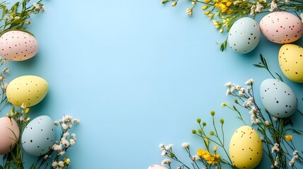 Aufkleber - Colorful easter eggs and spring flowers creating a frame on light blue background