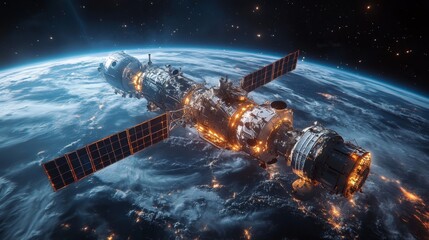 Poster - A spacecraft orbits Earth, equipped with solar panels and advanced technology.