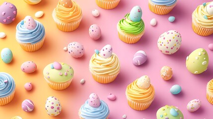 Wall Mural - Colorful easter cupcakes and eggs forming a festive pattern on a gradient background