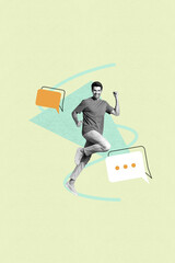 Poster - Exclusive image vertical photo collage of happy guy stand chatterbox communication speech colorful bubble talk notification