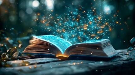 Poster - Captivating image showcasing an open book where a glowing digital matrix unfolds revealing a complex network of interconnected intelligence nodes symbolizing the of technology and information